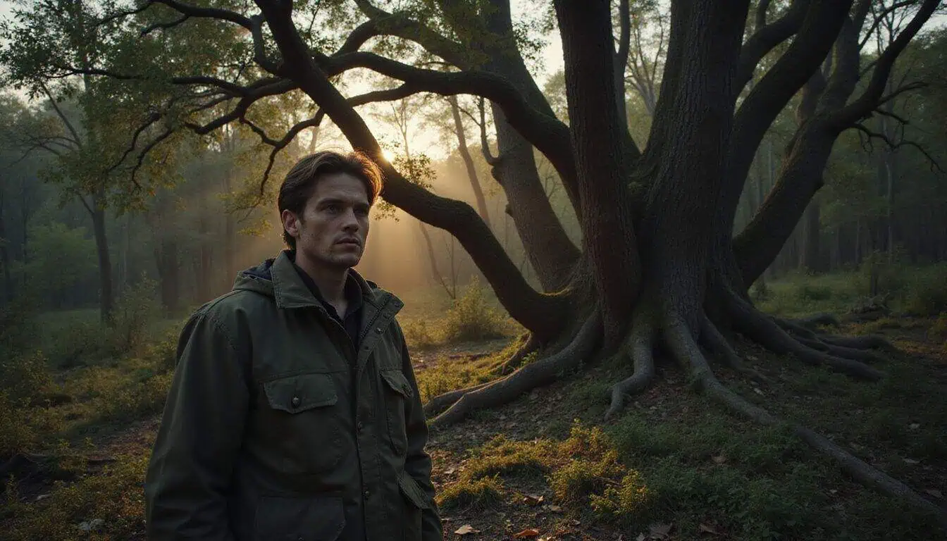 A person cautiously navigates a dense, shadowy forest, embodying a tense and suspenseful survival challenge. A person cautiously navigates a dense, shadowy forest, embodying a tense and suspenseful survival challenge.