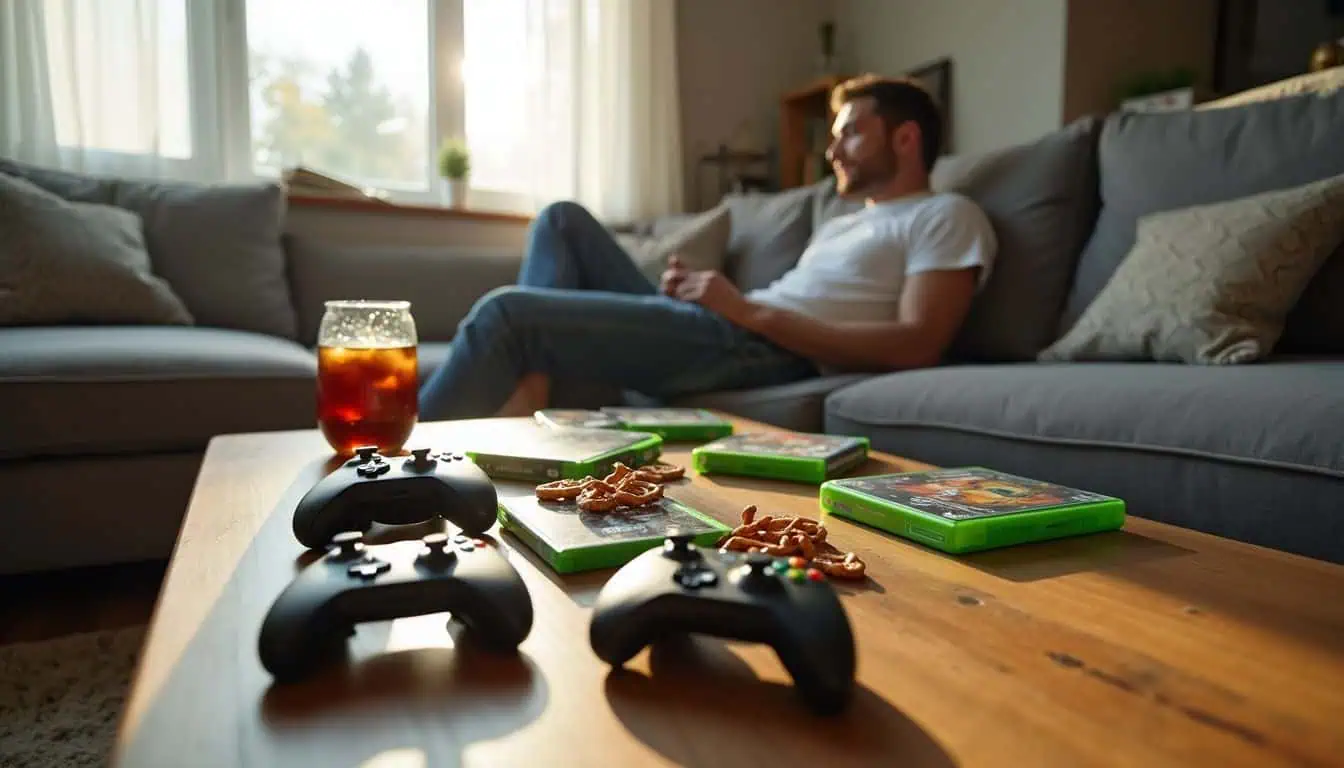 A cozy living room features a coffee table with Xbox controllers, game cases, snacks, and a relaxed man on the couch. A cozy living room features a coffee table with Xbox controllers, game cases, snacks, and a relaxed man on the couch.