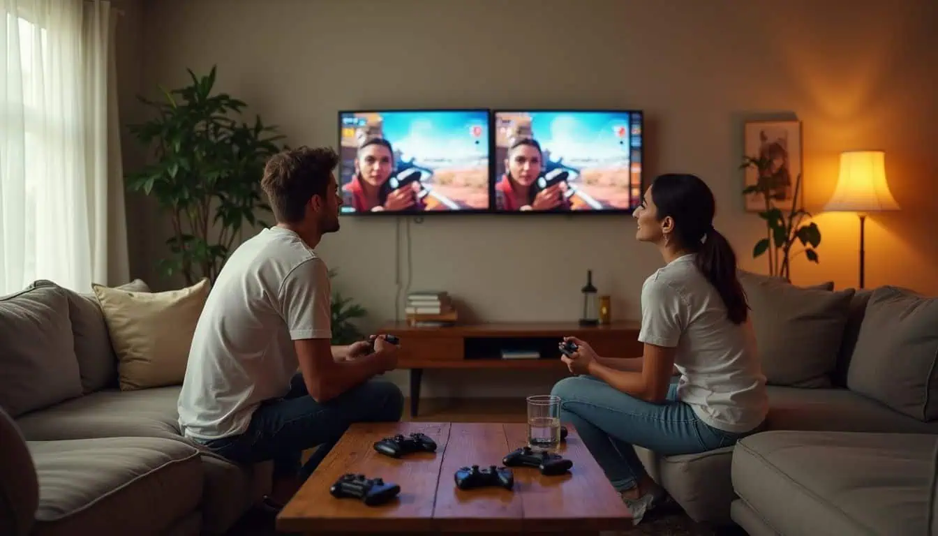 Two people sit on a couch, engaged in gaming, surrounded by controllers and a coffee table in a cozy living room. Two people sit on a couch, engaged in gaming, surrounded by controllers and a coffee table in a cozy living room.