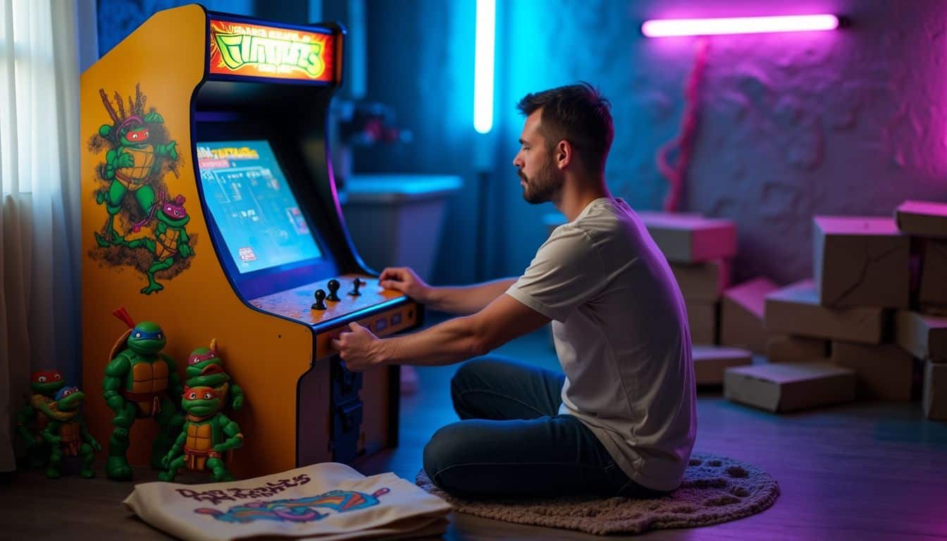 A vintage arcade cabinet for Teenage Mutant Ninja Turtles: Shredder’s Revenge surrounded by action figures and pizza boxes. A vintage arcade cabinet for Teenage Mutant Ninja Turtles: Shredder’s Revenge surrounded by action figures and pizza boxes.