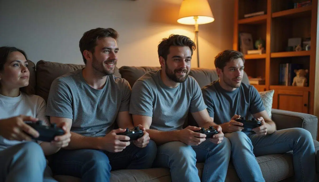 A group of four friends intensely plays Xbox on a cozy sofa, showcasing relaxed clothing and focused expressions. A group of four friends intensely plays Xbox on a cozy sofa, showcasing relaxed clothing and focused expressions.