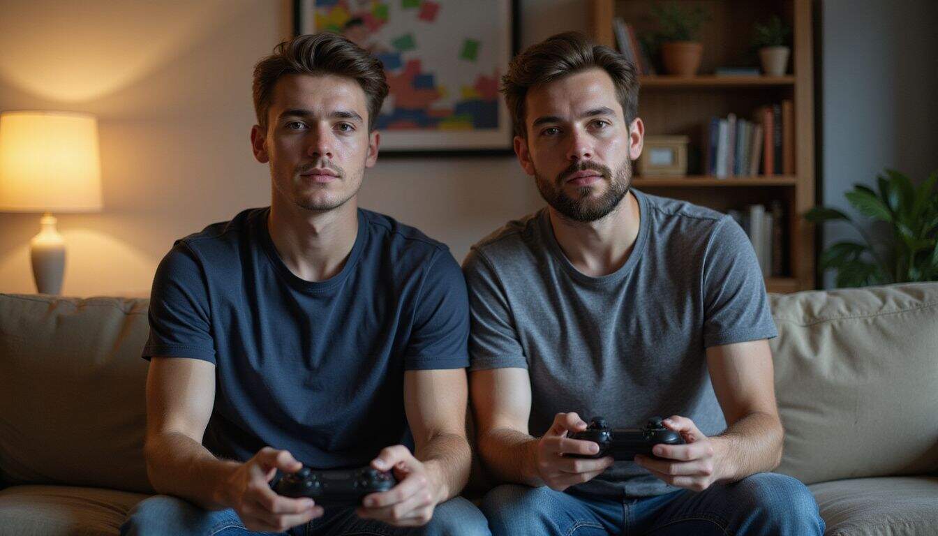 Two young men sit on a couch, focused on playing a video game together. Two young men sit on a couch, focused on playing a video game together.