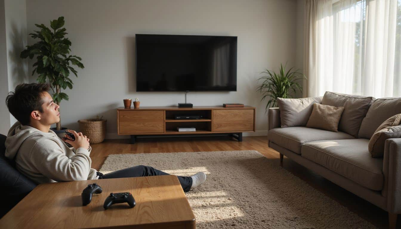 A cozy living room features a plush couch, a sleek TV, and Xbox controllers on a warm wood coffee table. A cozy living room features a plush couch, a sleek TV, and Xbox controllers on a warm wood coffee table.