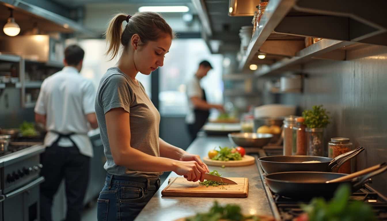 A focused young woman skillfully chops vegetables in a busy commercial kitchen during dinner service. A focused young woman skillfully chops vegetables in a busy commercial kitchen during dinner service.