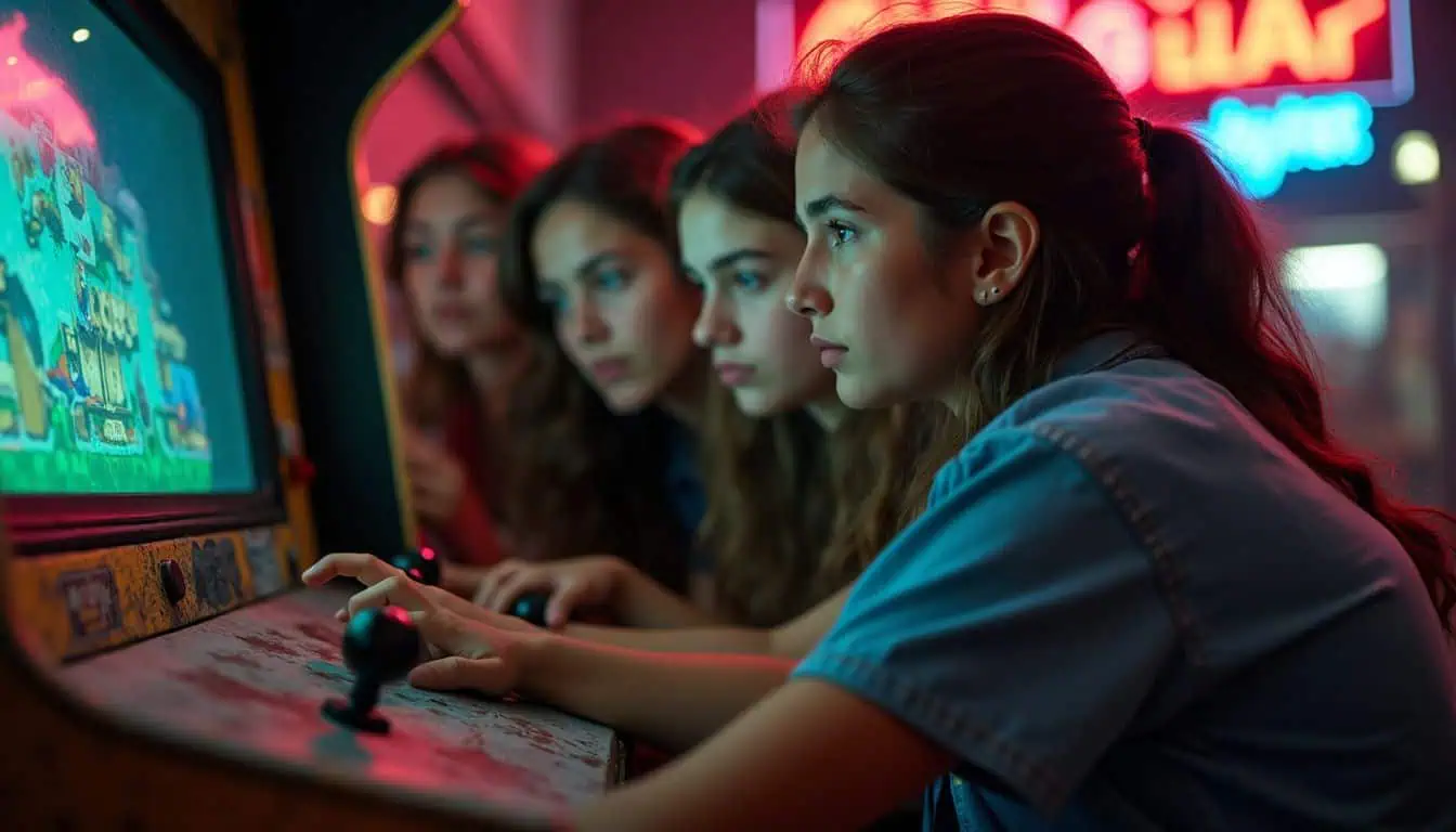 A group of teenagers intensely plays a vintage arcade game, focused on the screen and immersed in the experience. A group of teenagers intensely plays a vintage arcade game, focused on the screen and immersed in the experience.