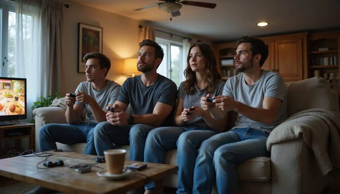 Four friends intensely play Overcooked 2 together on a cozy couch amidst everyday clutter in a lively gaming night. Four friends intensely play Overcooked 2 together on a cozy couch amidst everyday clutter in a lively gaming night.
