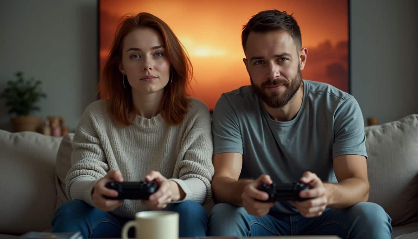 A couple sits together on a couch, intently playing a video game with controllers in hand. A couple sits together on a couch, intently playing a video game with controllers in hand.