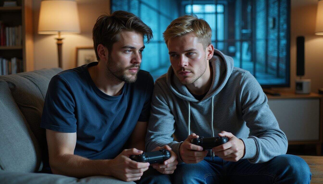 Two men are intently playing a video game on a couch, collaborating on a prison escape puzzle. Two men are intently playing a video game on a couch, collaborating on a prison escape puzzle.