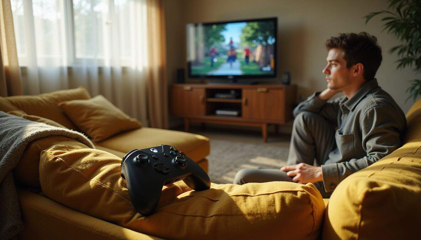 A cozy retro living room features a mustard-yellow couch, an Xbox controller, and a mid-century modern TV stand with a gaming display. A cozy retro living room features a mustard-yellow couch, an Xbox controller, and a mid-century modern TV stand with a gaming display.