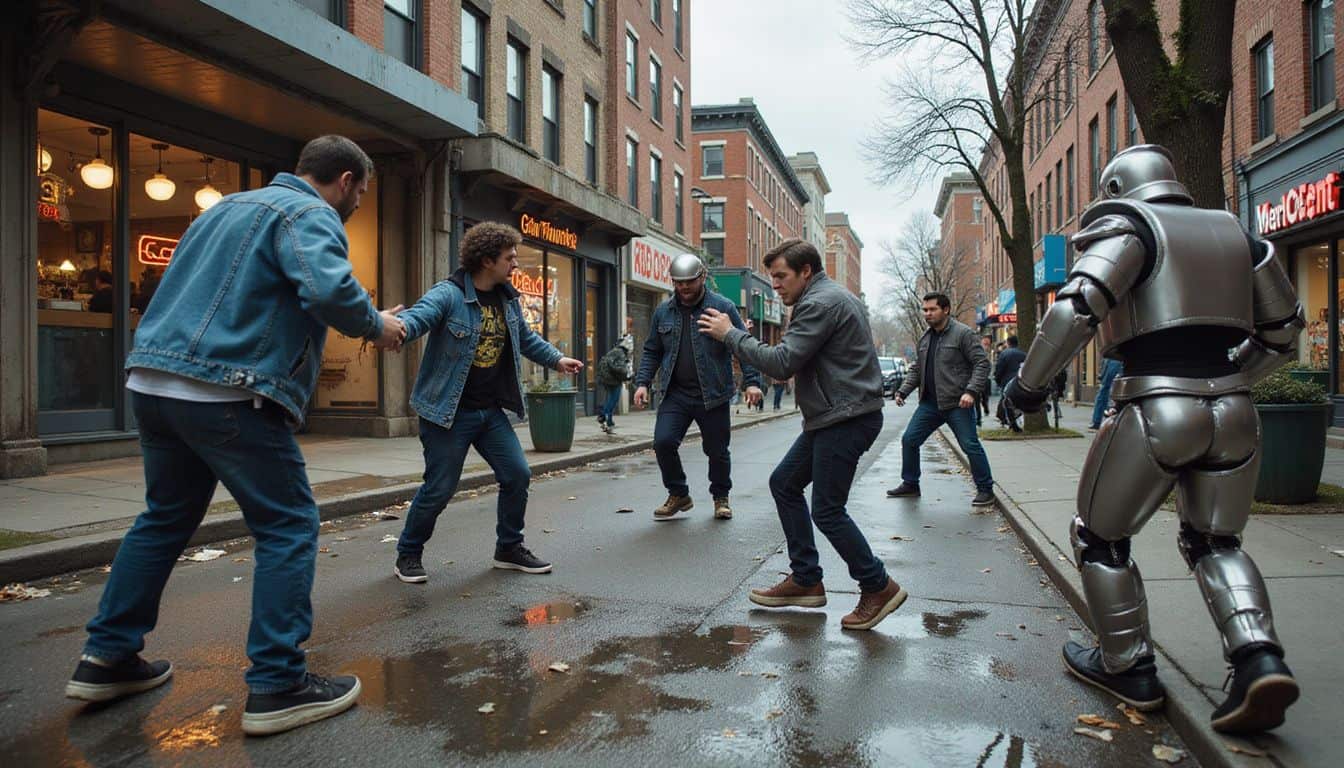 A fierce confrontation unfolds between human arcade characters and sleek robotic figures on a busy urban street. A fierce confrontation unfolds between human arcade characters and sleek robotic figures on a busy urban street.