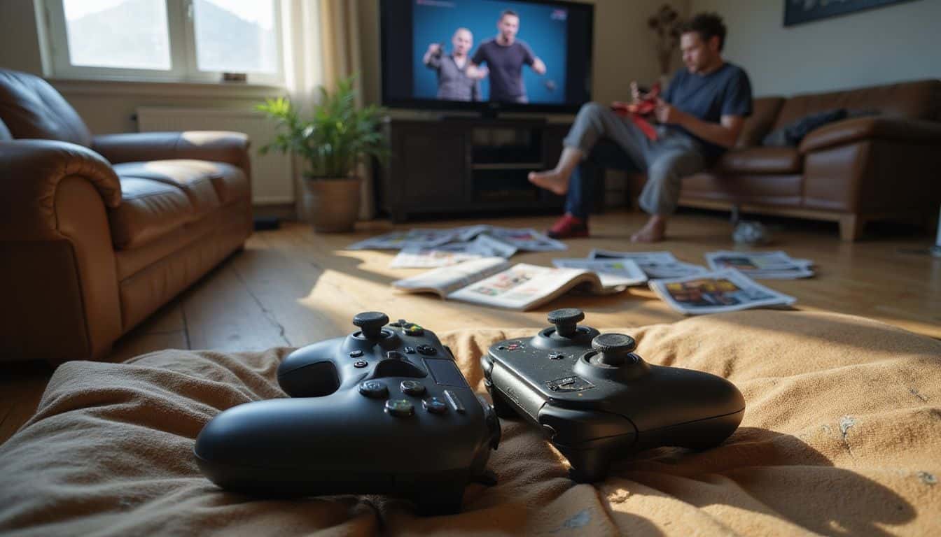A worn leather couch holds two game controllers while a split-screen video game displays action on a flat-screen TV. A worn leather couch holds two game controllers while a split-screen video game displays action on a flat-screen TV.