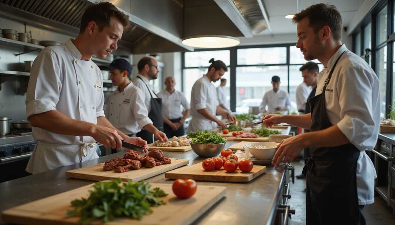 A bustling restaurant kitchen filled with chefs efficiently preparing vibrant ingredients amid an atmosphere of organized chaos. A bustling restaurant kitchen filled with chefs efficiently preparing vibrant ingredients amid an atmosphere of organized chaos.