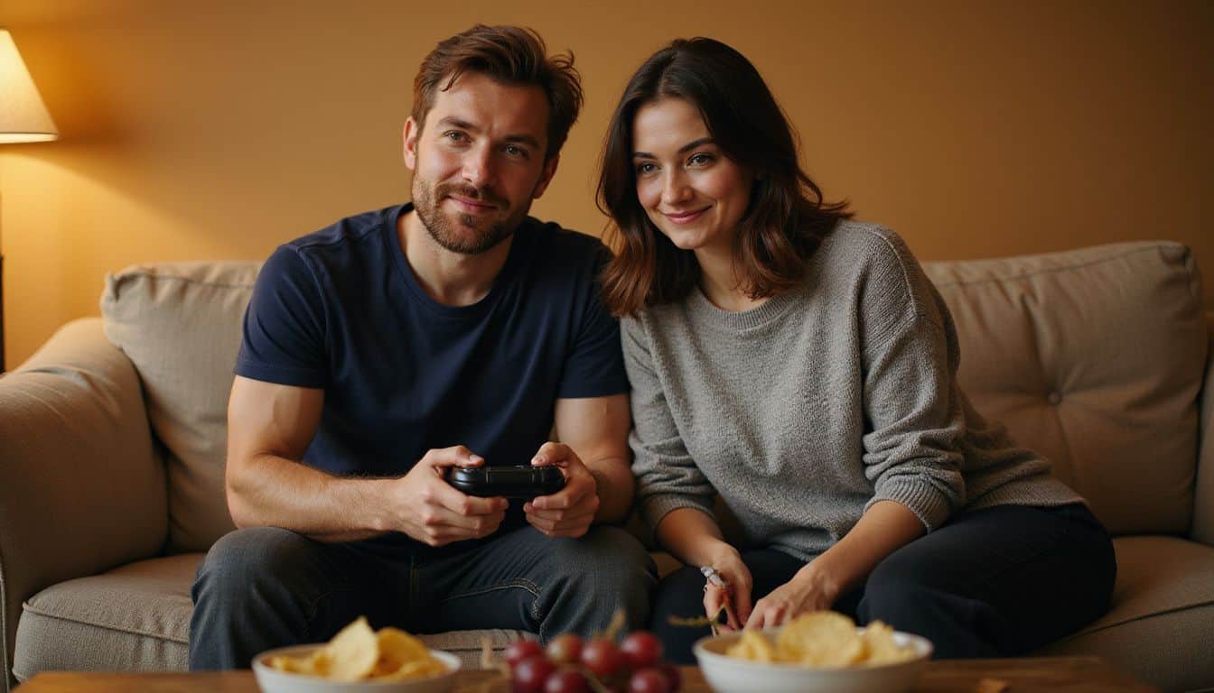 A man and woman in casual attire share an intimate moment on a couch, focused on gaming with snacks nearby. A man and woman in casual attire share an intimate moment on a couch, focused on gaming with snacks nearby.