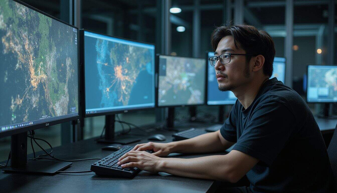An individual sits at a modern command center focused on multiple monitors displaying tactical data and maps. An individual sits at a modern command center focused on multiple monitors displaying tactical data and maps.