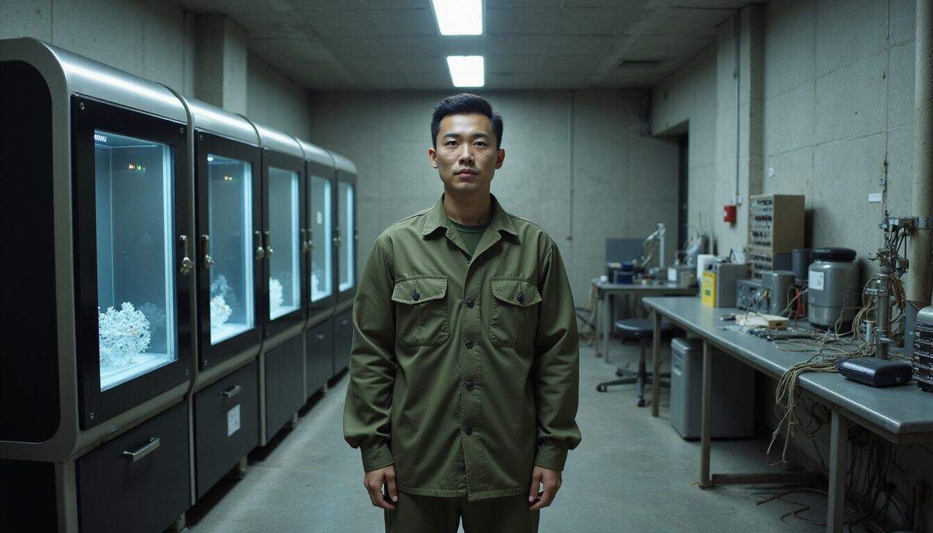 A focused male soldier stands in a military laboratory surrounded by advanced genetic treatment devices and cellular samples. A focused male soldier stands in a military laboratory surrounded by advanced genetic treatment devices and cellular samples.