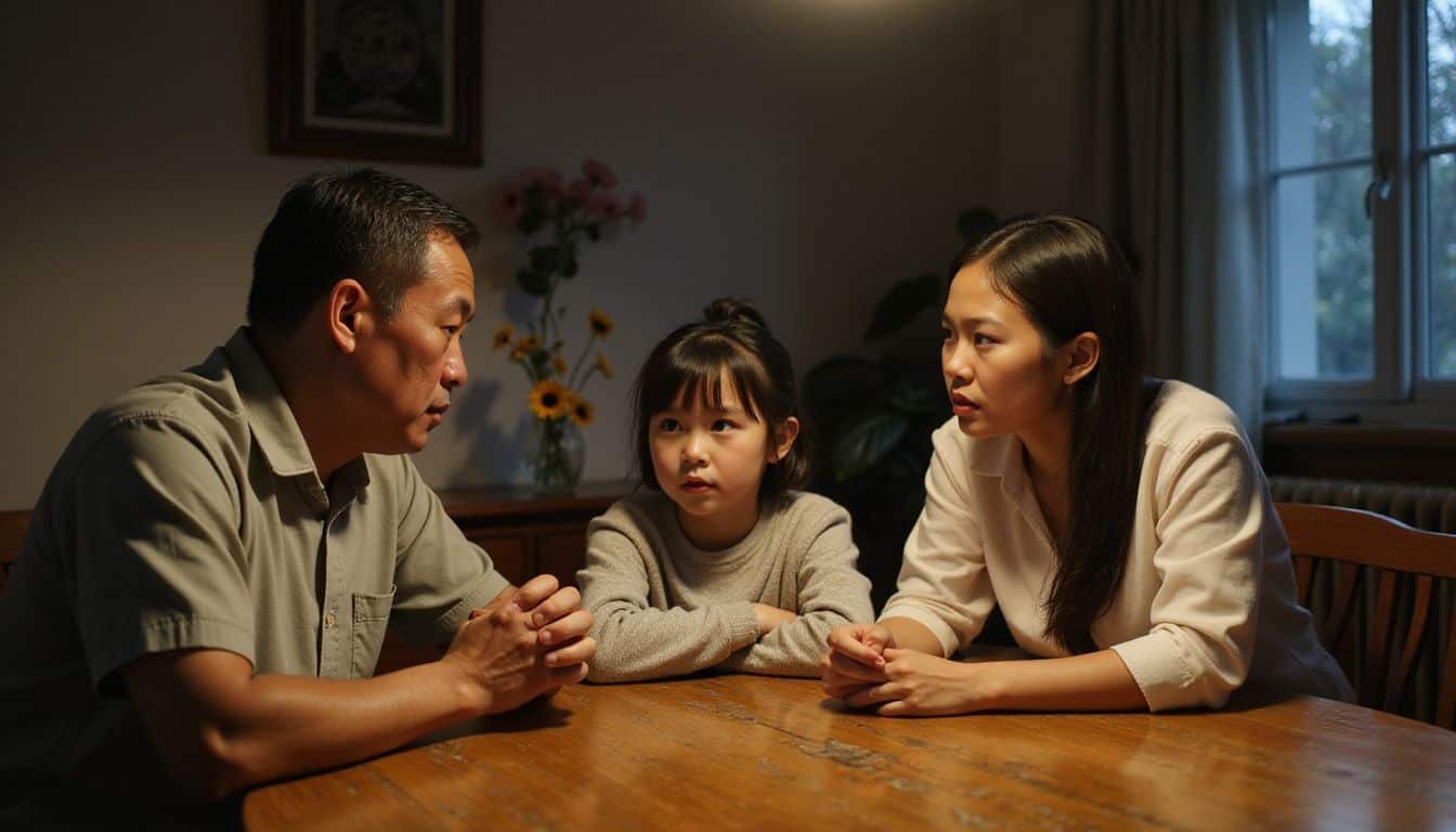 A family of three engages in a serious discussion about genetic modifications and human cloning around their dining table. A family of three engages in a serious discussion about genetic modifications and human cloning around their dining table.