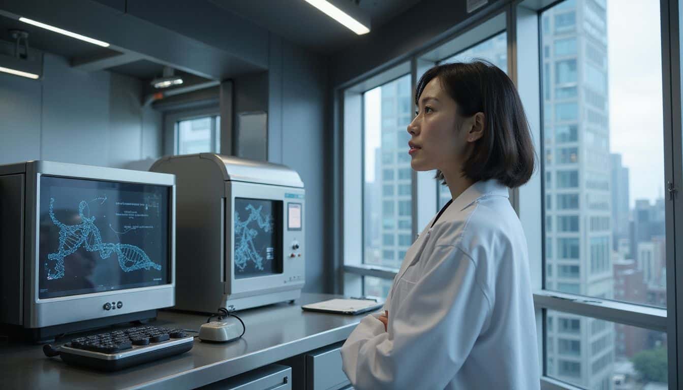 A scientist reviews data in a modern lab equipped with advanced genetic editing and brain stimulation devices for cognitive enhancement. A scientist reviews data in a modern lab equipped with advanced genetic editing and brain stimulation devices for cognitive enhancement.