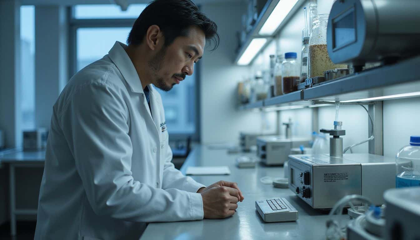 A focused middle-aged man in a lab coat works with advanced genetic editing instruments in a clinical research environment. A focused middle-aged man in a lab coat works with advanced genetic editing instruments in a clinical research environment.