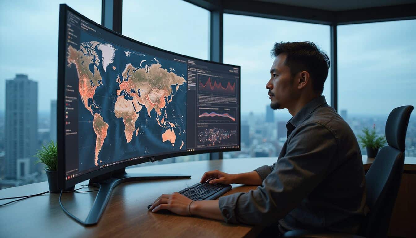 A man operates a high-tech command center featuring advanced digital maps and real-time AI data analysis. A man operates a high-tech command center featuring advanced digital maps and real-time AI data analysis.