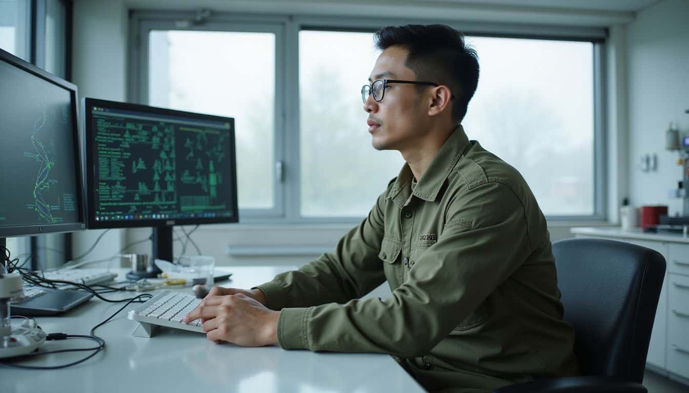 A soldier sits calmly in a sterile military research lab, surrounded by advanced medical equipment and genetic data displays. A soldier sits calmly in a sterile military research lab, surrounded by advanced medical equipment and genetic data displays.