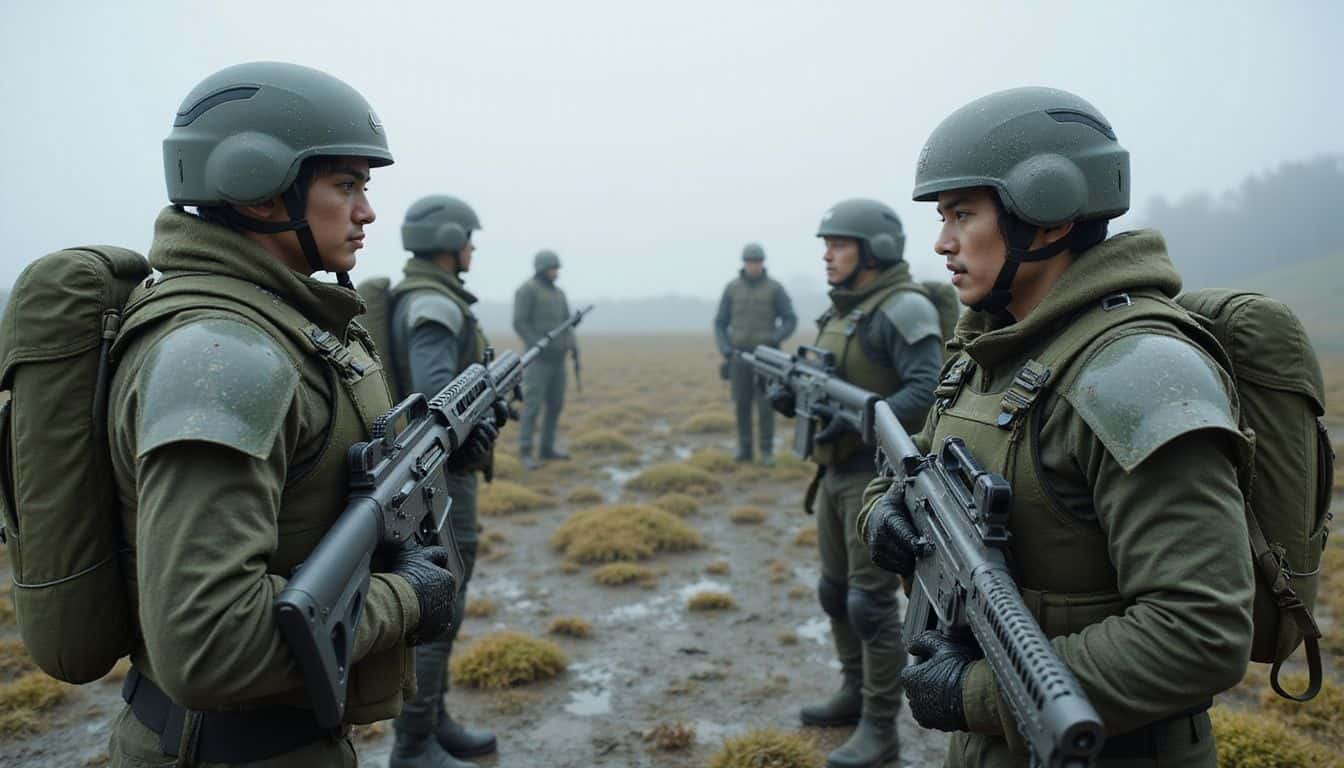 American and Chinese soldiers confront each other on a muddy battlefield, equipped with advanced military technology and gear. American and Chinese soldiers confront each other on a muddy battlefield, equipped with advanced military technology and gear.