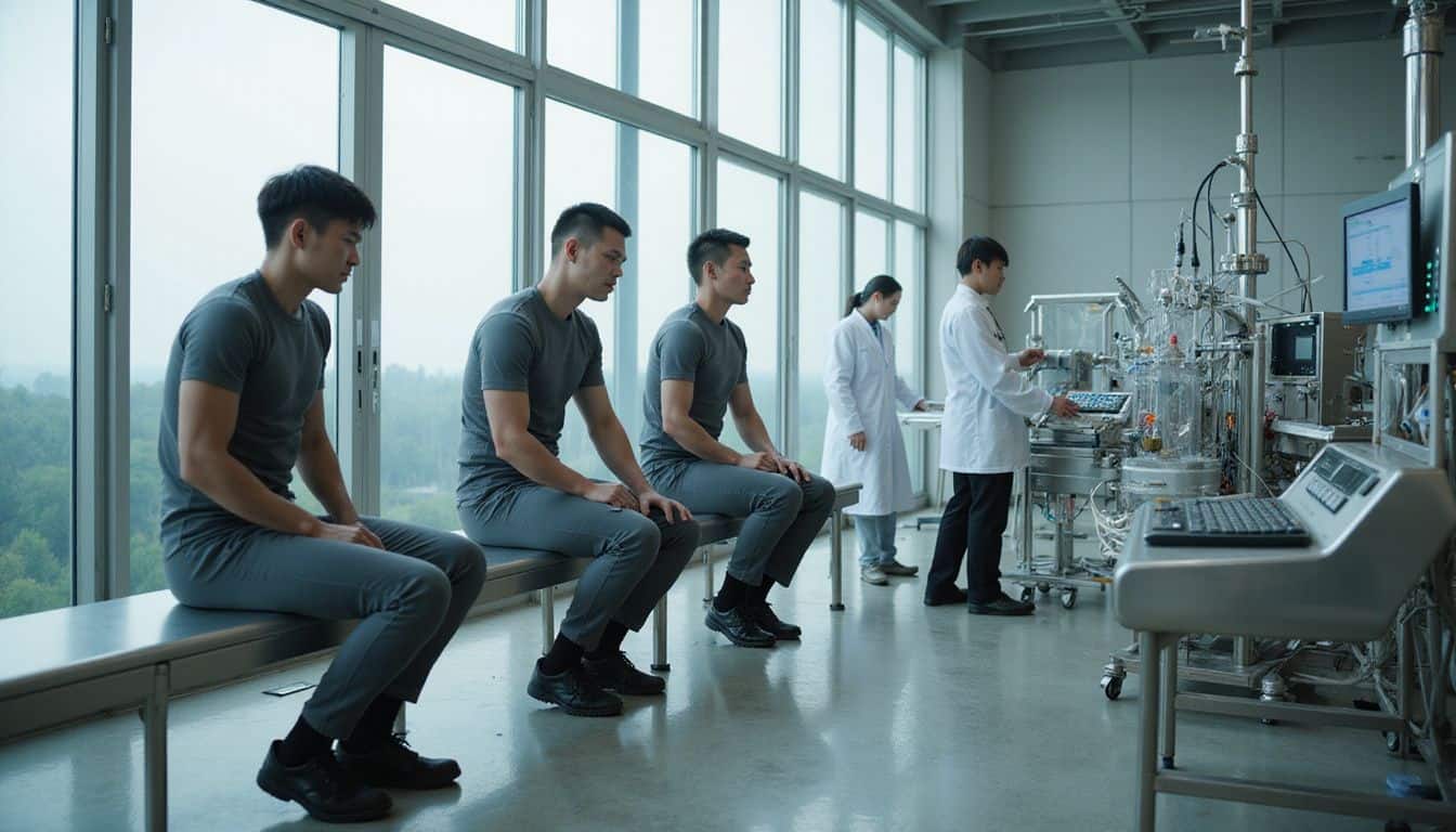 A futuristic military lab features soldiers undergoing genetic modifications, surrounded by advanced biotechnology and attentive scientists. A futuristic military lab features soldiers undergoing genetic modifications, surrounded by advanced biotechnology and attentive scientists.