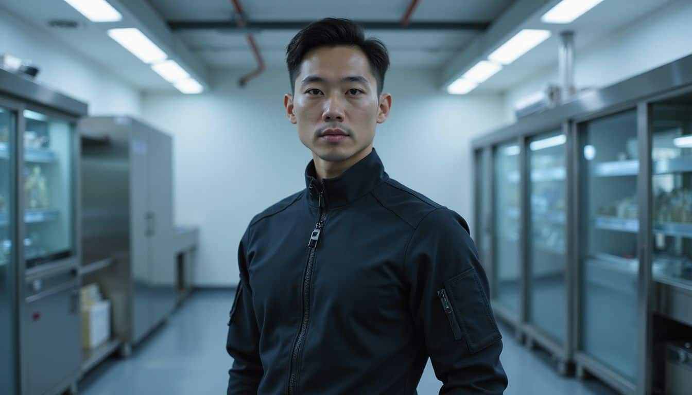 A confident individual in a tactical uniform stands in a modern military genetic research laboratory, exuding purpose and precision. A confident individual in a tactical uniform stands in a modern military genetic research laboratory, exuding purpose and precision.