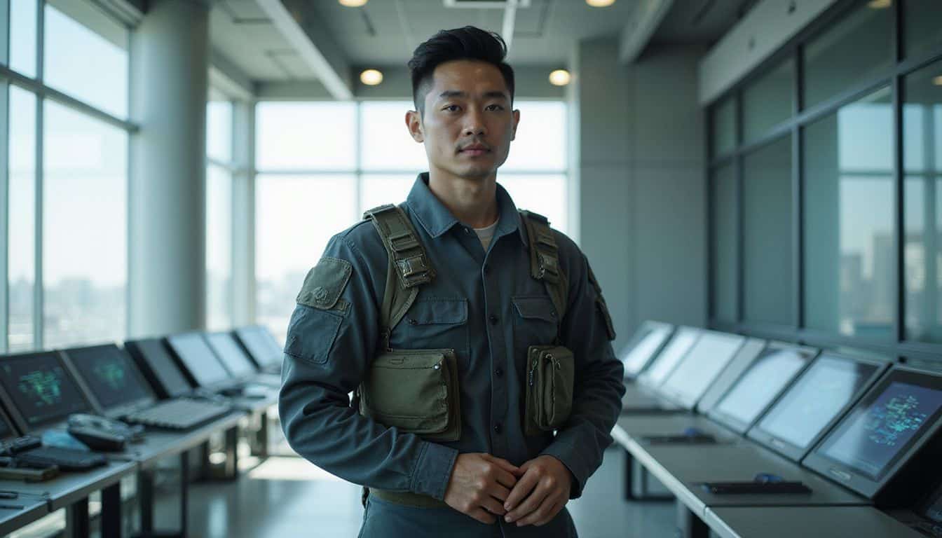 A soldier stands confidently in a modern military command center, embodying readiness with an advanced technological backdrop. A soldier stands confidently in a modern military command center, embodying readiness with an advanced technological backdrop.