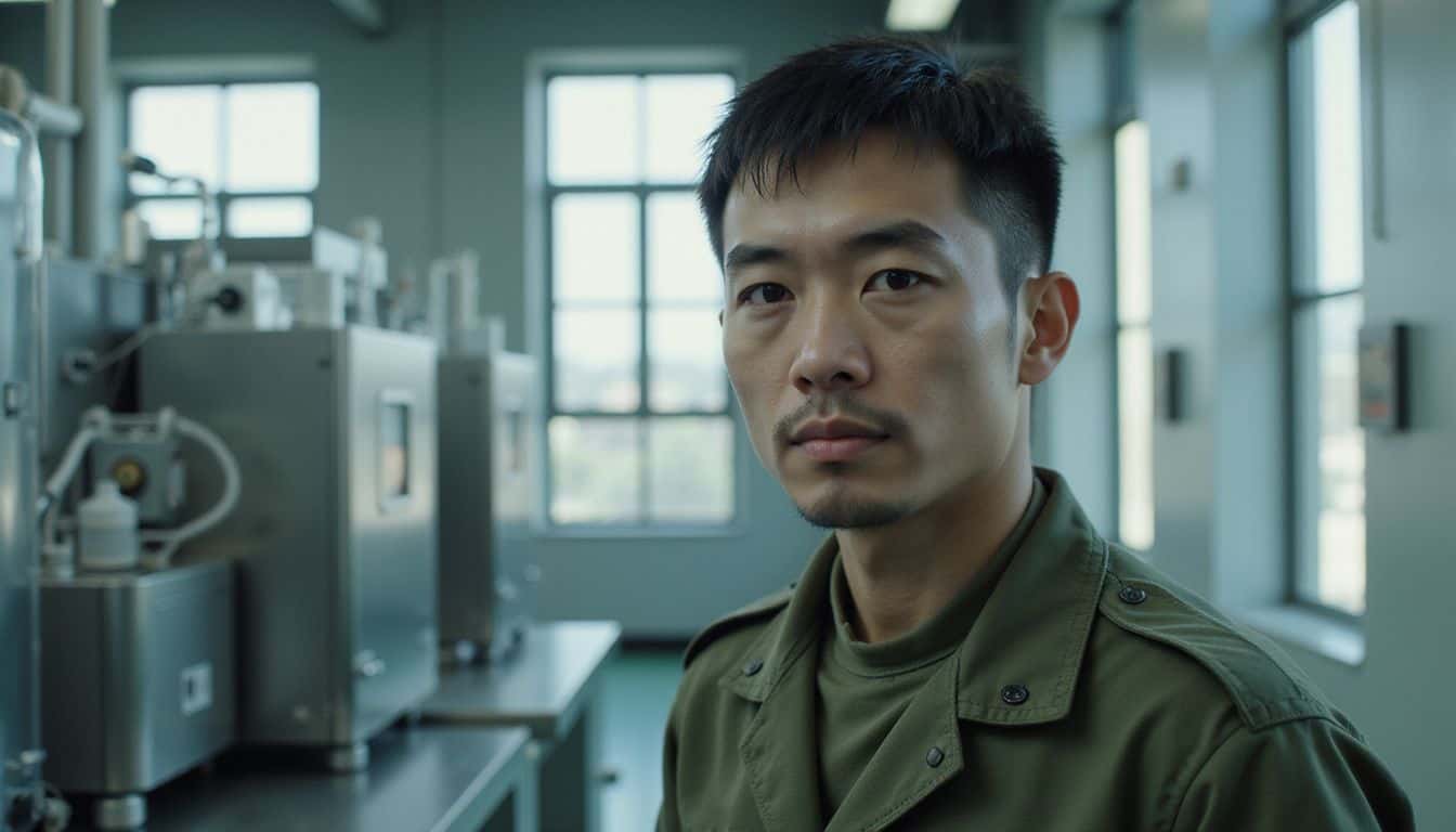 A soldier stands in a sterile military lab, grappling with ethical uncertainty about genetic modification technology. A soldier stands in a sterile military lab, grappling with ethical uncertainty about genetic modification technology.