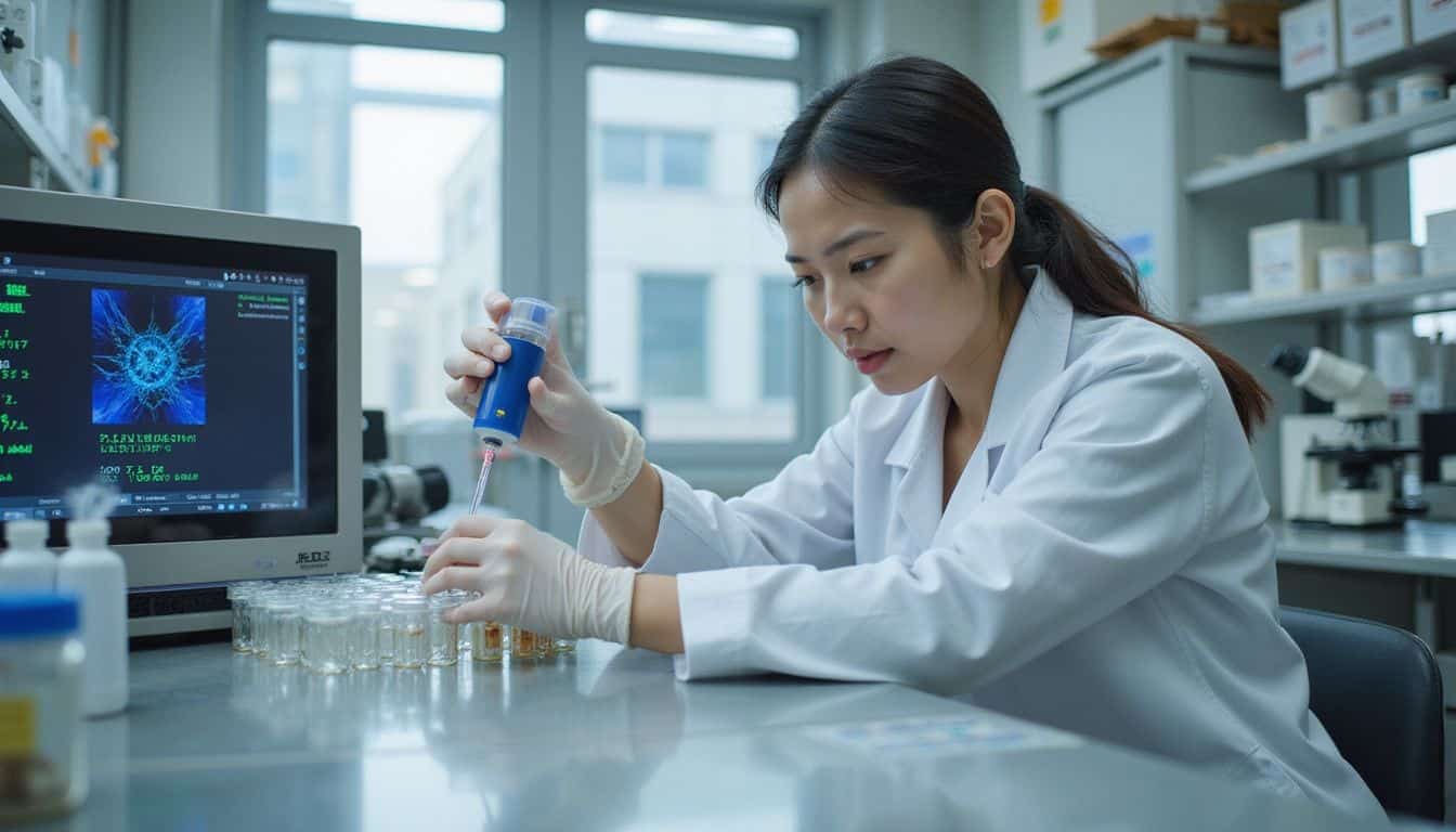 A researcher in a modern laboratory meticulously transfers reagents using a micropipette near advanced gene-editing equipment. A researcher in a modern laboratory meticulously transfers reagents using a micropipette near advanced gene-editing equipment.