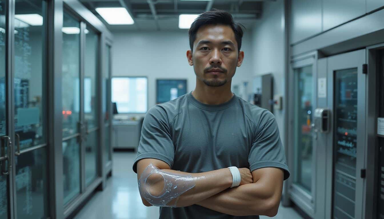 A determined man in a tactical shirt stands in a futuristic military lab, engaging with advanced biotech equipment. A determined man in a tactical shirt stands in a futuristic military lab, engaging with advanced biotech equipment.
