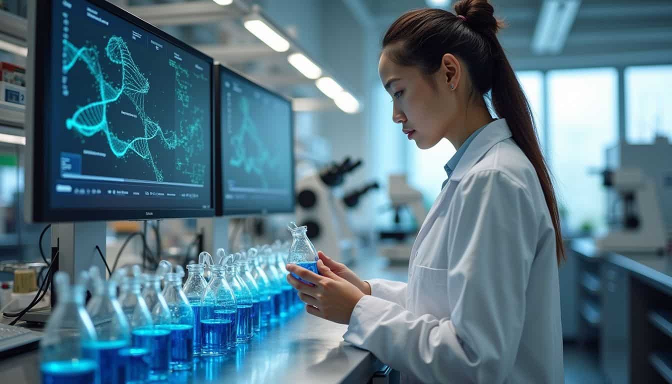 A modern laboratory features advanced equipment and a scientist examining a vial labeled “Enhancement Serum.” A modern laboratory features advanced equipment and a scientist examining a vial labeled “Enhancement Serum.”