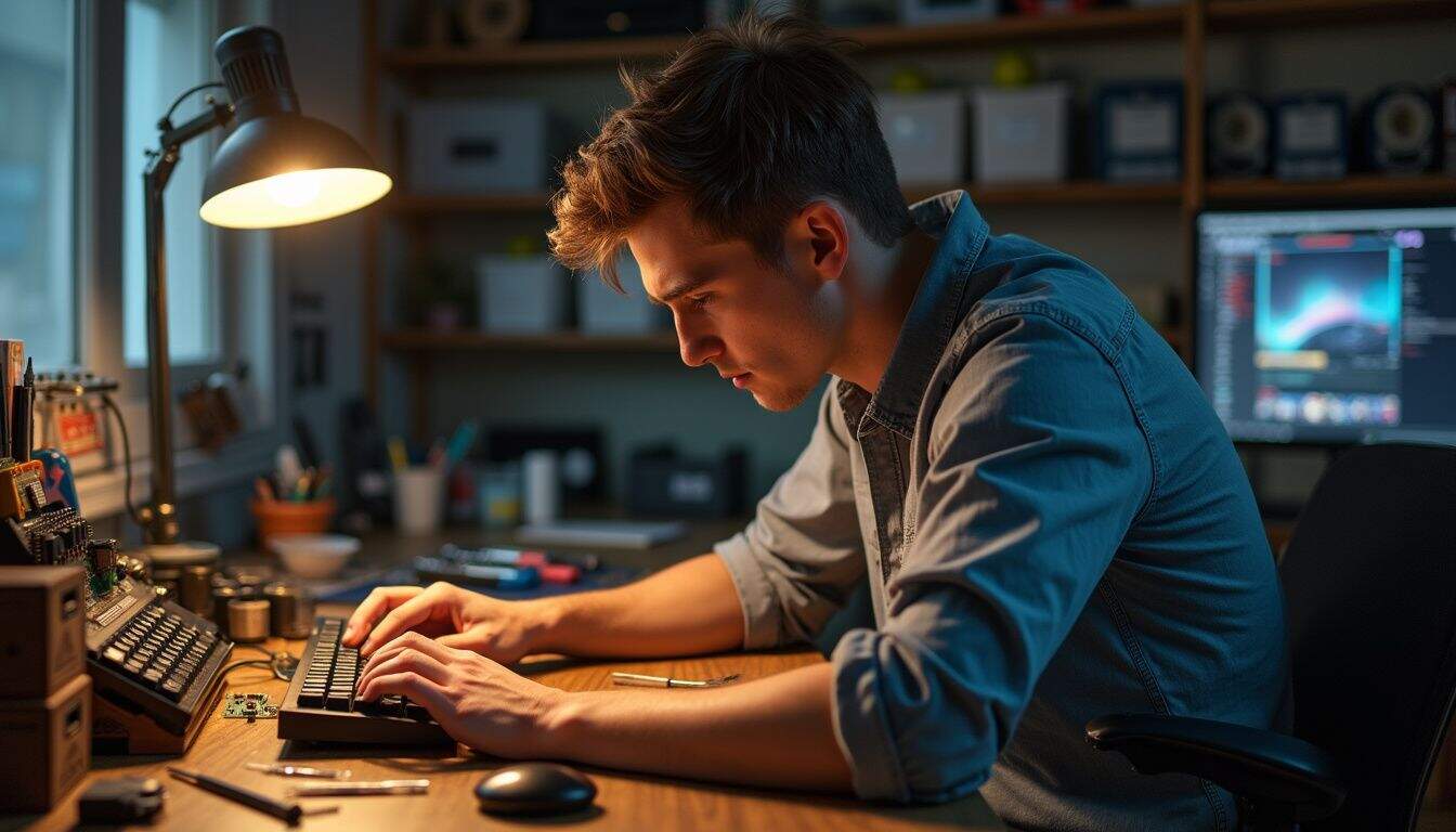 A young man relaxes at a custom gaming desk, surrounded by personalized decor and gaming equipment. diy gifts for gamers 391031610