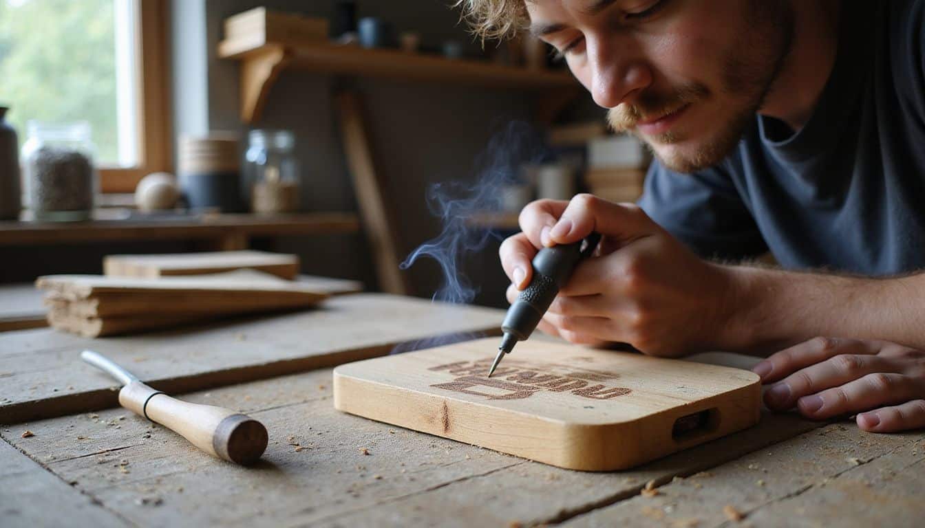 A person carefully engraves a gamer tag onto a wooden controller stand in a busy woodworking workshop. A person carefully engraves a gamer tag onto a wooden controller stand in a busy woodworking workshop.