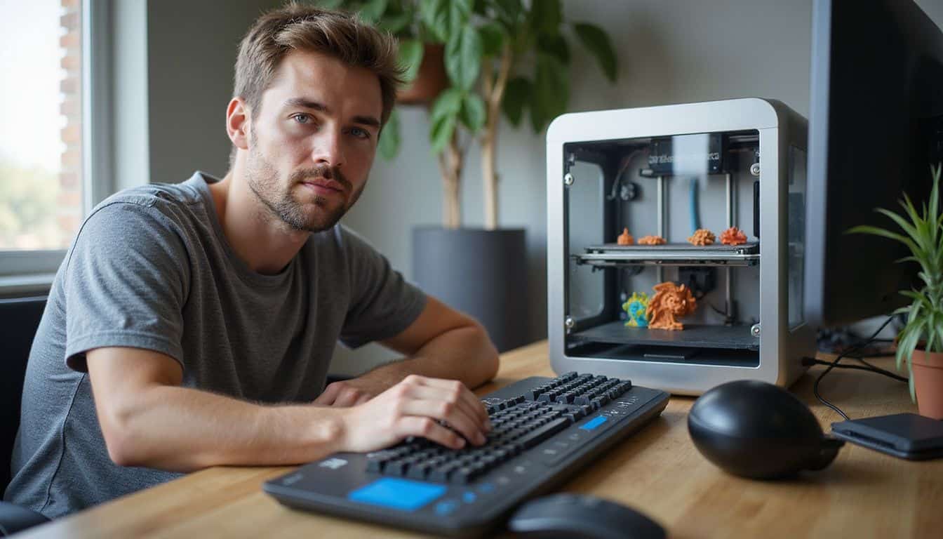 A young man focuses on a 3D printer creating personalized gaming-themed cable organizers on his cluttered desk. A young man focuses on a 3D printer creating personalized gaming-themed cable organizers on his cluttered desk.