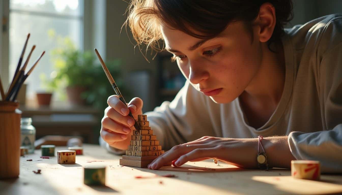 A focused individual assembles a carved wooden dice tower, surrounded by paint supplies on a cluttered table. A focused individual assembles a carved wooden dice tower, surrounded by paint supplies on a cluttered table.
