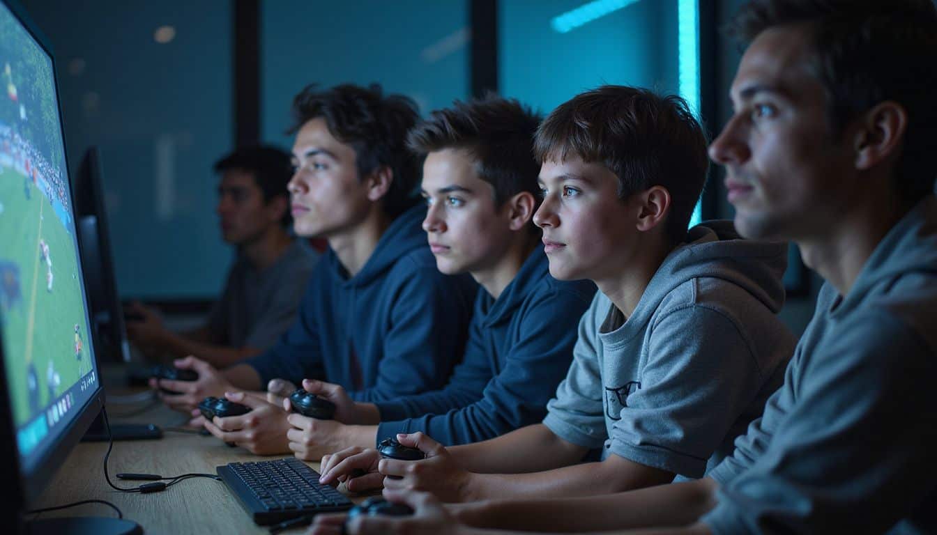 A focused group of young gamers intensely watches an esports match on a large curved monitor. A focused group of young gamers intensely watches an esports match on a large curved monitor.