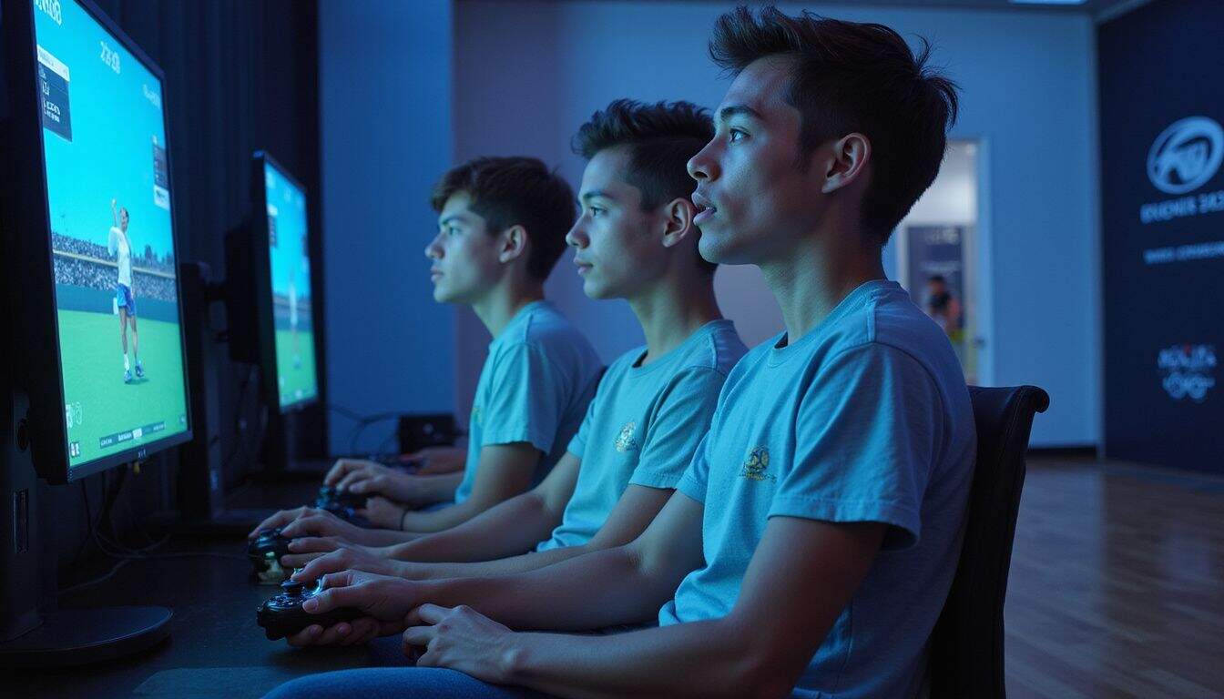 A group of focused young adult players intensely compete in a virtual tennis match at the Singapore Olympic Esports Series 2023. A group of focused young adult players intensely compete in a virtual tennis match at the Singapore Olympic Esports Series 2023.