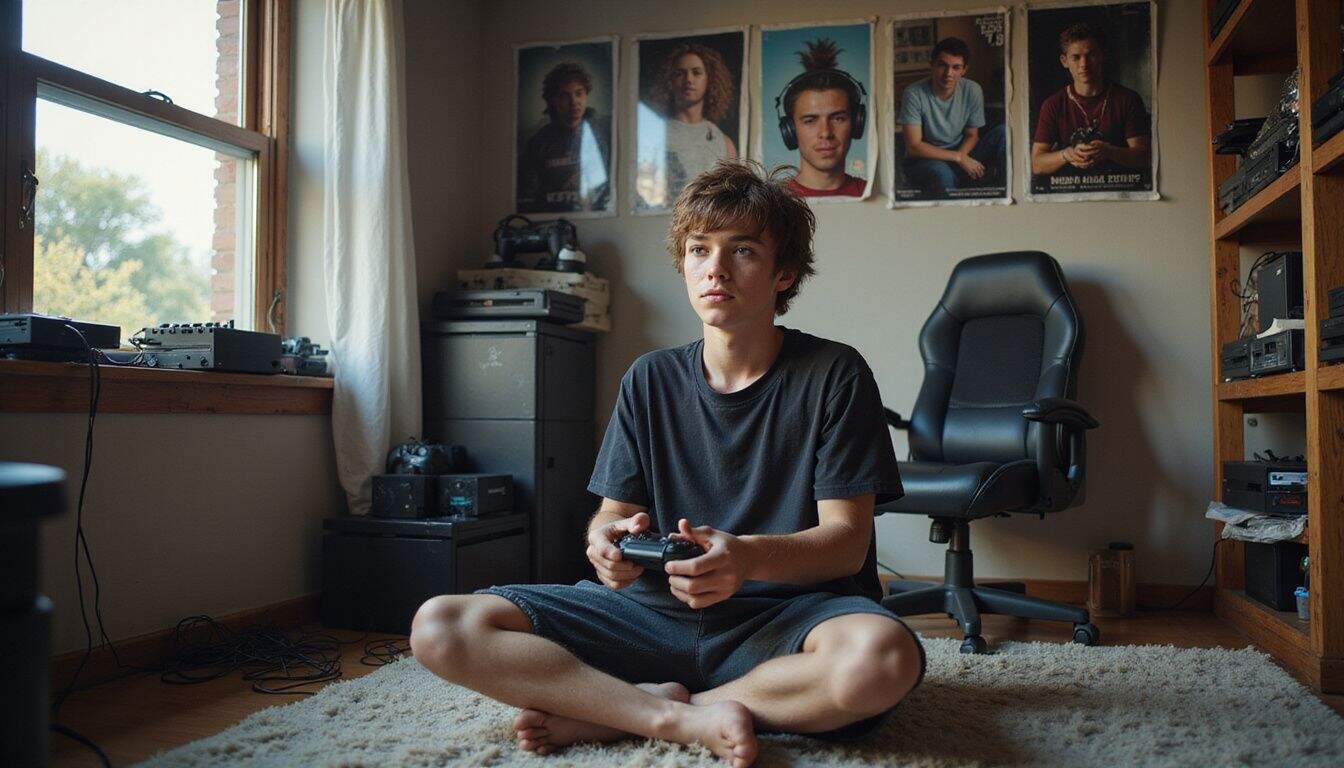 A cluttered teenage bedroom features gaming consoles, esports posters, and a focused boy playing video games on a rug. A cluttered teenage bedroom features gaming consoles, esports posters, and a focused boy playing video games on a rug.