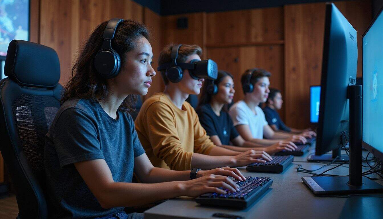 A group of young adults is intensely engaged in a virtual esports tournament, surrounded by high-tech gaming equipment. A group of young adults is intensely engaged in a virtual esports tournament, surrounded by high-tech gaming equipment.