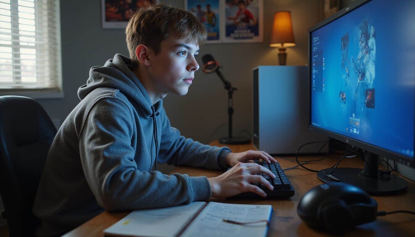 A focused teenager sits at a gaming desk, preparing for the 2025 Olympic Esports qualifiers amidst gaming memorabilia. A focused teenager sits at a gaming desk, preparing for the 2025 Olympic Esports qualifiers amidst gaming memorabilia.