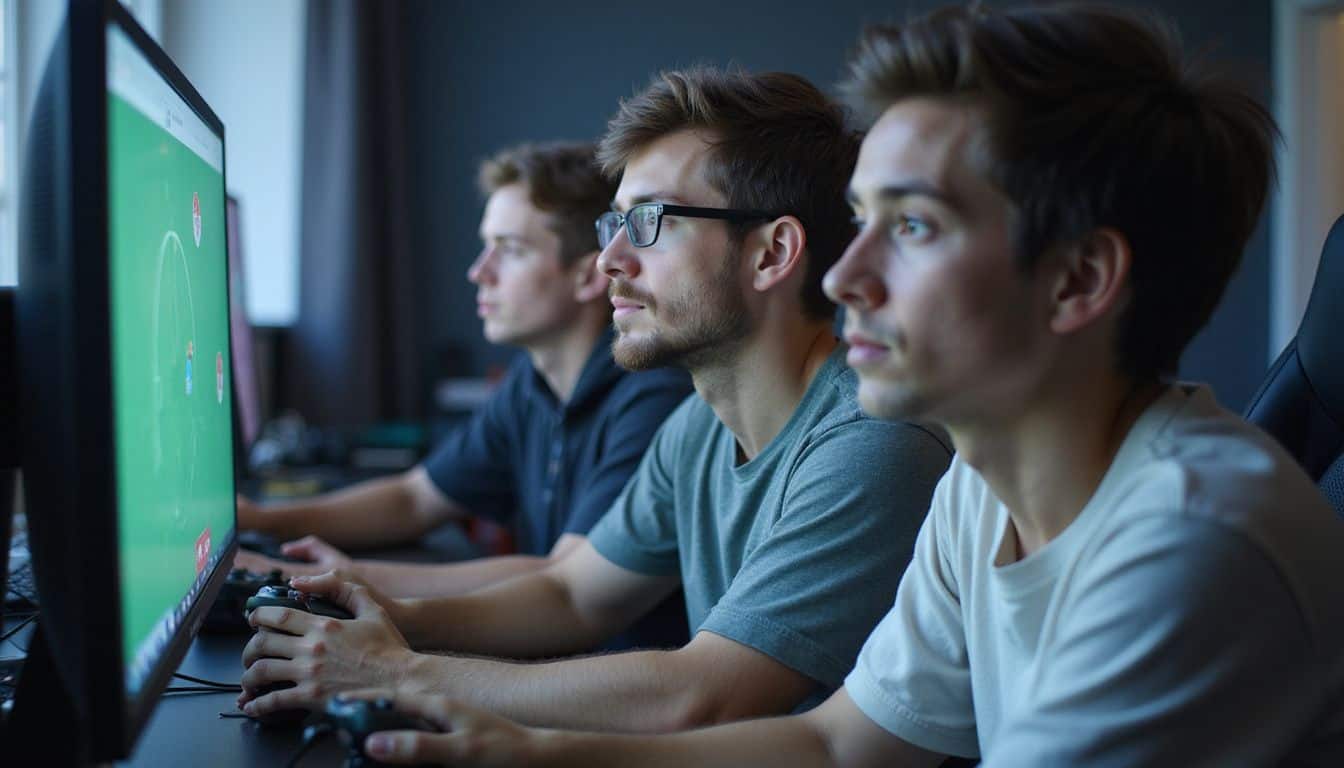A group of focused gamers intensely competes in the Olympic Esports Series 2023, surrounded by gaming equipment. A group of focused gamers intensely competes in the Olympic Esports Series 2023, surrounded by gaming equipment.