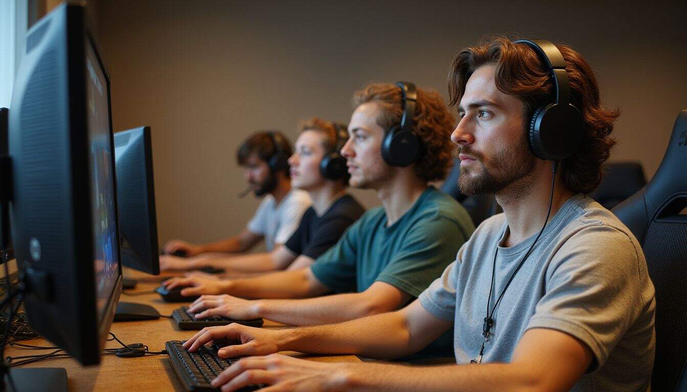 A group of focused young esports players concentrate on gaming in a modern studio, surrounded by high-end equipment. A group of focused young esports players concentrate on gaming in a modern studio, surrounded by high-end equipment.