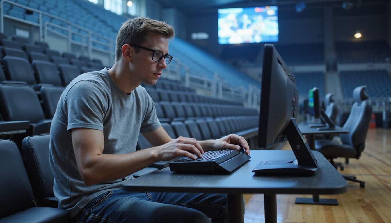 A focused young adult competes at a gaming station in a vast esports arena, surrounded by empty seats and digital displays. A focused young adult competes at a gaming station in a vast esports arena, surrounded by empty seats and digital displays.
