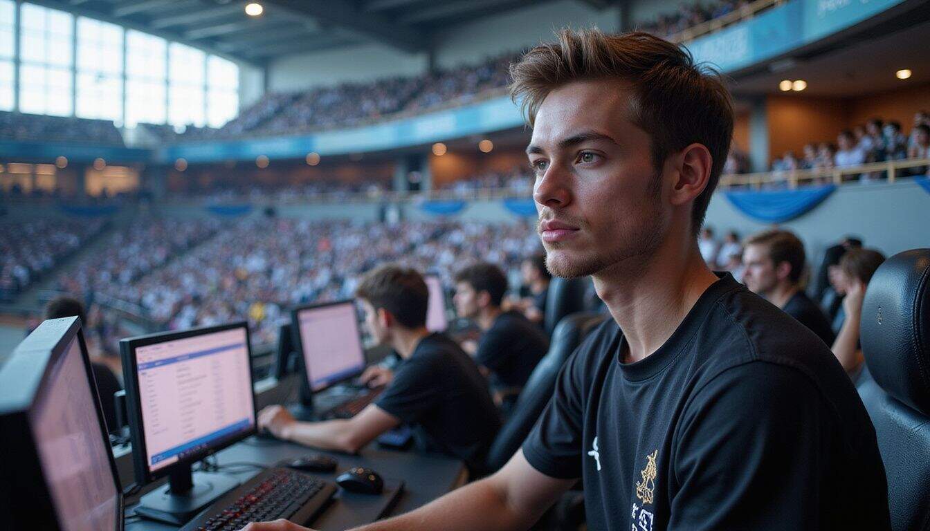 A focused young man in a black esports jersey competes in the 2027 Olympic Esports Games, surrounded by an engaged crowd. A focused young man in a black esports jersey competes in the 2027 Olympic Esports Games, surrounded by an engaged crowd.