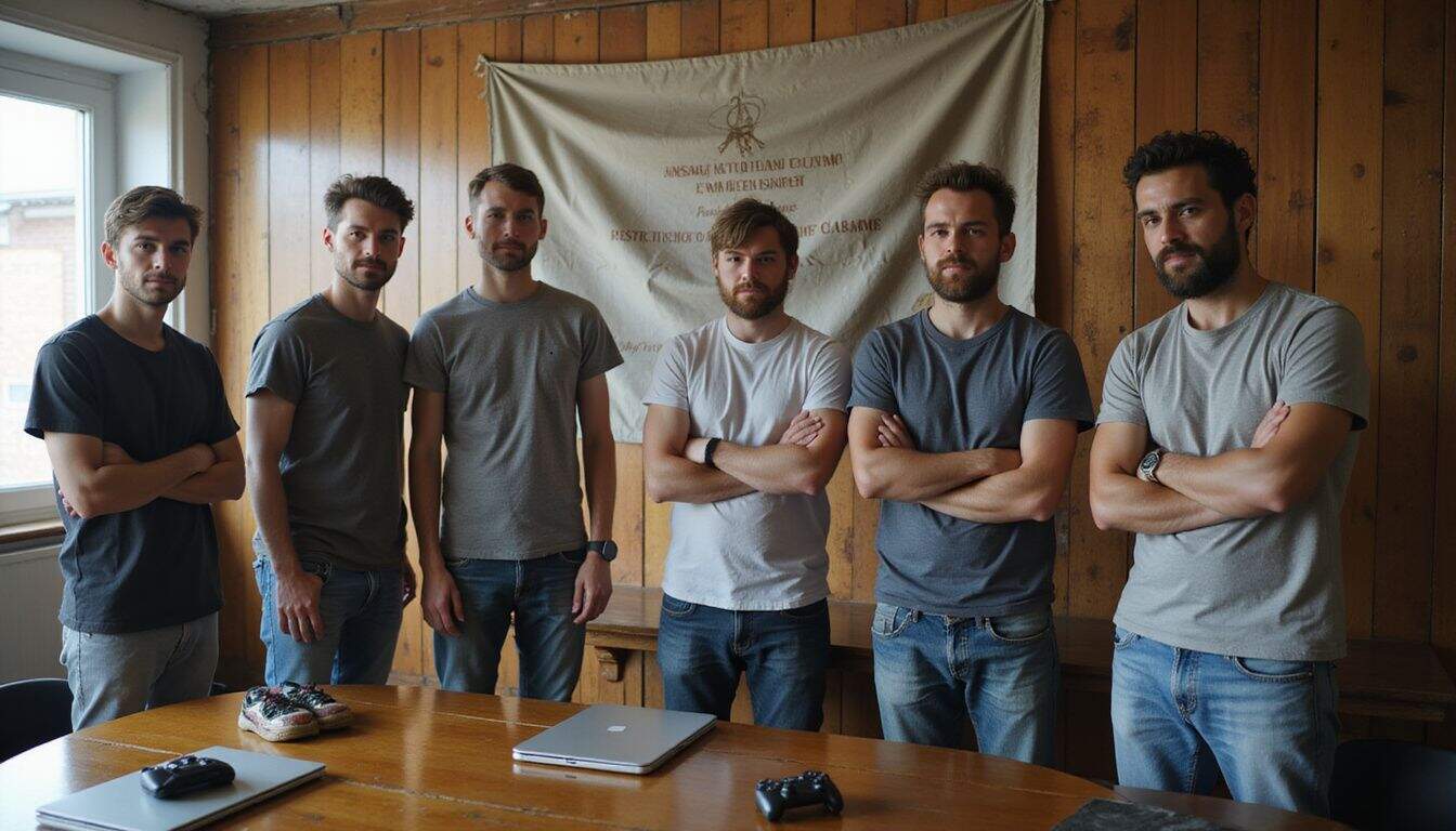 A group of six focused gamers discuss strategies around a table filled with controllers and notebooks in a casual setting. A group of six focused gamers discuss strategies around a table filled with controllers and notebooks in a casual setting.