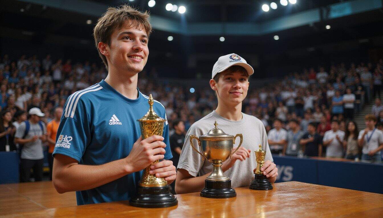 A group of young esports athletes proudly holds their trophies on stage, celebrating their achievements at Olympic Esports Week 2023. A group of young esports athletes proudly holds their trophies on stage, celebrating their achievements at Olympic Esports Week 2023.