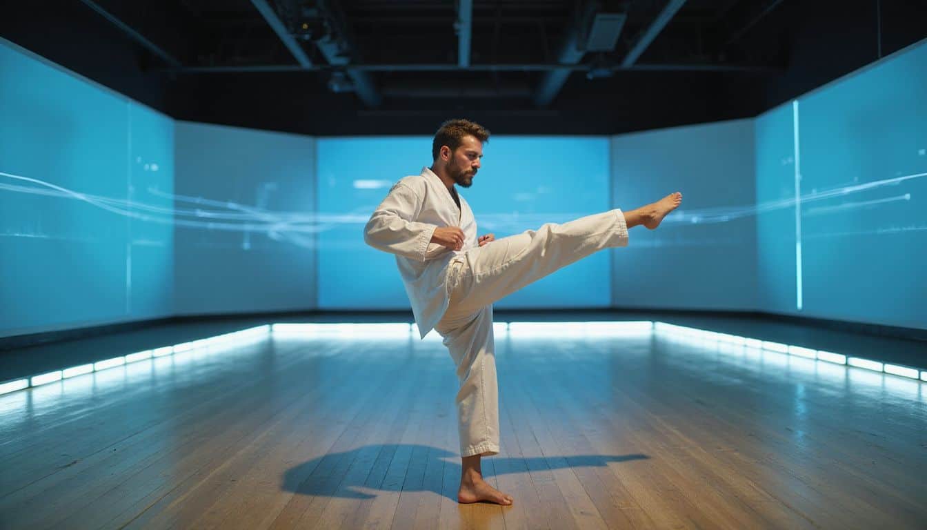 A focused man in a Taekwondo uniform performs a controlled kick in a modern training environment. A focused man in a Taekwondo uniform performs a controlled kick in a modern training environment.