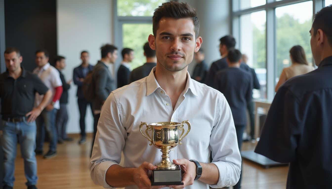 Aleksei Sarana proudly receives a trophy at the Chess.com event during the Olympic Esports Series in Singapore. Aleksei Sarana proudly receives a trophy at the Chess.com event during the Olympic Esports Series in Singapore.