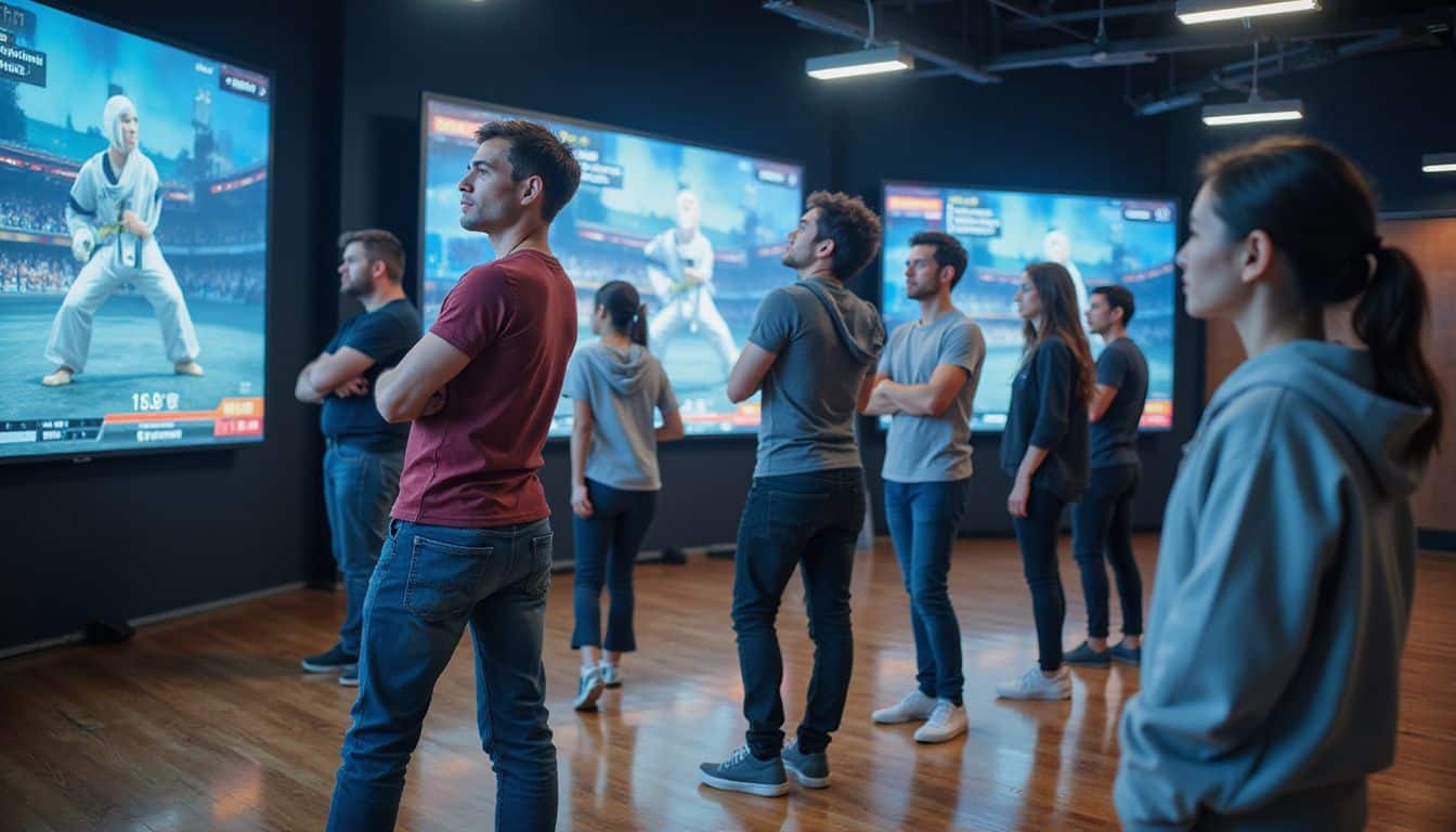 A diverse group participates in an immersive virtual Taekwondo tournament in a modern eSports arena. A diverse group participates in an immersive virtual Taekwondo tournament in a modern eSports arena.
